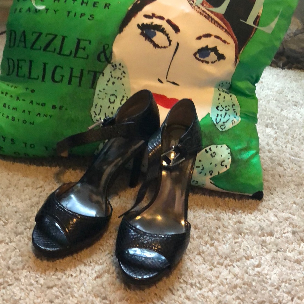 Black leather/strap Coach heels